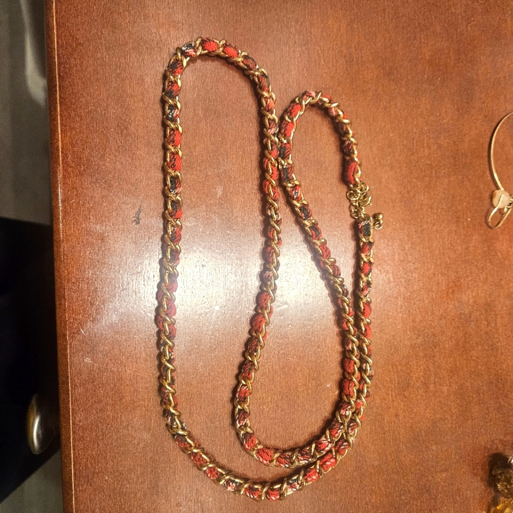 H&M Long Necklace Rope Gold and Red Fabric with Closure